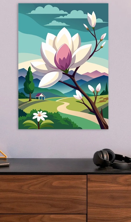 Magnolia Blossom in a Spring Landscape — metal poster wall art by Lineer